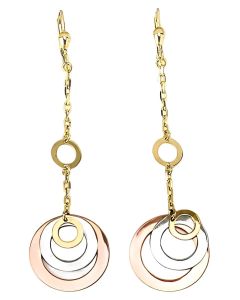 10K Tri Color Long Circle on Circle Drop Down Earrings