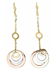 10K Tri Color Long Circle on Circle Drop Down Earrings