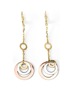 10K Tri Color Long Circle on Circle Drop Down Earrings