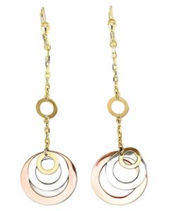 10K Tri Color Long Circle on Circle Drop Down Earrings