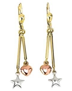 10K Tri Color Star and Heart Drop Down Earrings