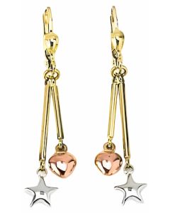 10K Tri Color Star and Heart Drop Down Earrings