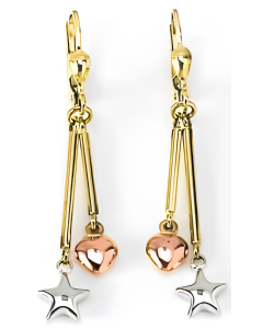 10K Tri Color Star and Heart Drop Down Earrings