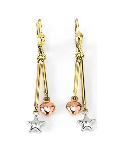 10K Tri Color Star and Heart Drop Down Earrings