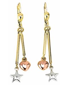 10K Tri Color Star and Heart Drop Down Earrings