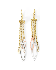 10K Tri Color Ornament Chandelier Drop Down Earrings