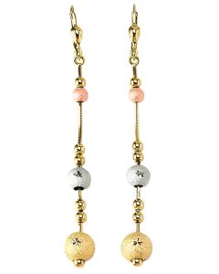 10K Tri Color Frosted Ball Drop Down Earrings