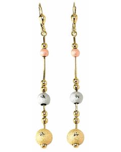 10K Tri Color Frosted Ball Drop Down Earrings
