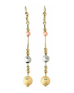 10K Tri Color Frosted Ball Drop Down Earrings