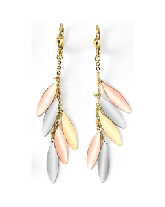 10K Tri Color Feather Chandelier Drop Down Earrings