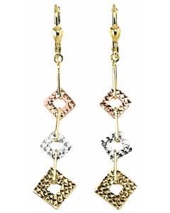 10K Tri Color Shimmery Rhombus Drop Down Earrings