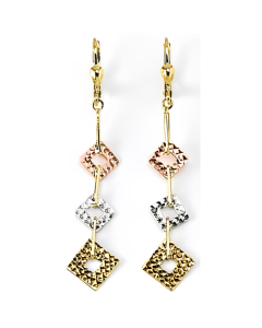 10K Tri Color Shimmery Rhombus Drop Down Earrings