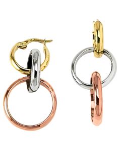 10K Tri Color Triple Hoops Drop Down Earrings
