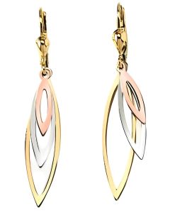 10K Tri Color Triple Leaf Drop Down Earrings