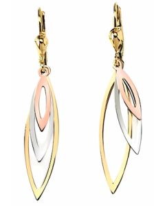10K Tri Color Triple Leaf Drop Down Earrings