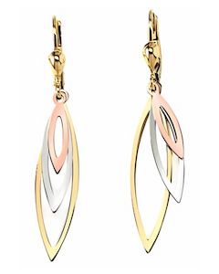 10K Tri Color Triple Leaf Drop Down Earrings