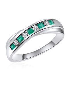 14K White Gold Channel Ring with Emerald and Diamonds