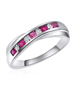 14K White Gold Channel Ring with Ruby and Diamonds