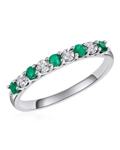14K White Gold Shared Claw Ring with Emerald and Diamonds