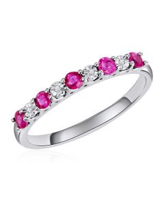 14K White Gold Shared Claw Ring with Ruby and Diamonds