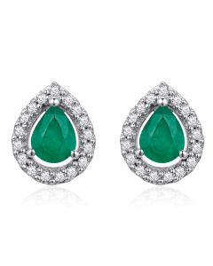 14K White Gold Pear Shape Halo Diamonds & Emerald Studs