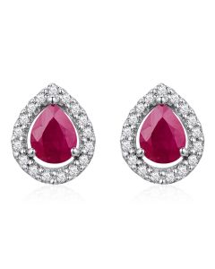 14K White Gold Pear Shape Halo Diamonds & Ruby Studs