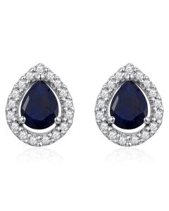 14K White Gold Pear Shape Halo Diamonds & Sapphire Studs
