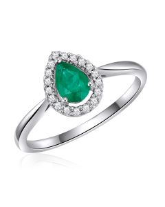 14K White Gold Pear Shape Halo with Emerald and Diamonds