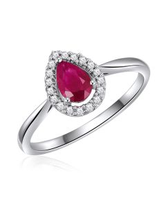 14K White Gold Pear Shape Halo with Ruby and Diamonds