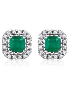 14K White Gold Asscher Cut Halo Diamonds & Emerald Studs