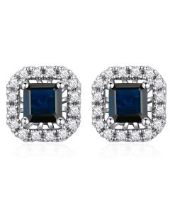 14K White Gold Asscher Cut Halo Diamonds & Sapphire Studs