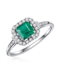 14K White Gold Asher Halo Ring with Emerald and Diamonds