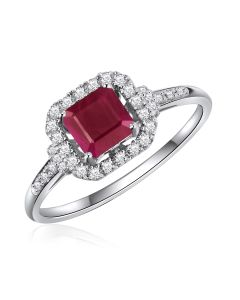 14K White Gold Asher Halo Ring with Ruby and Diamonds