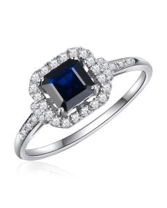 14K White Gold Asher Halo Ring with Sapphire and Diamonds