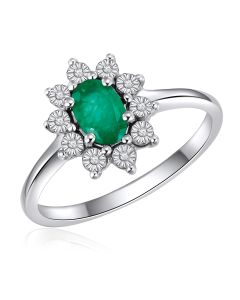 14K White Gold Oval Cluster Ring with Emerald and Diamonds