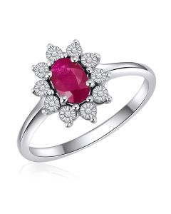 14K White Gold Oval Cluster Ring with Ruby and Diamonds