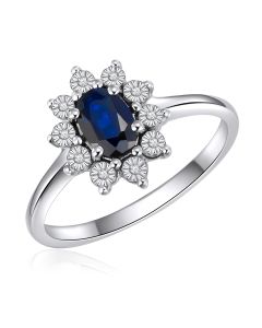 14K White Gold Oval Cluster Ring with Sapphire and Diamonds