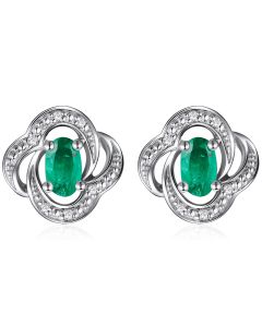 14K White Gold Oval with Diamond & Emerald Studs