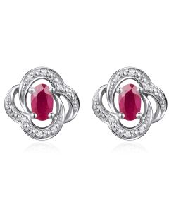 14K White Gold Oval With Diamond & Ruby Studs