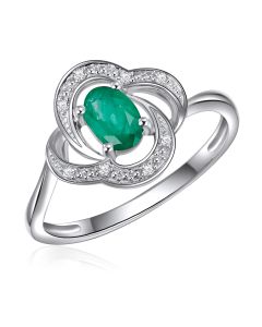14K White Gold Oval Floral Ring with Emerald and Diamonds