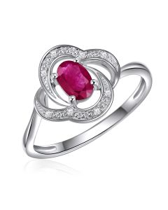 14K White Gold Oval Floral Ring with Ruby and Diamonds