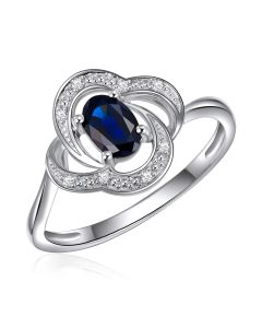 14K White Gold Oval Floral Ring with Sapphire and Diamonds