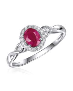 14K White Gold Oval Halo Ring with Ruby and Diamonds