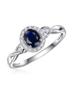 14K White Gold Oval Halo Ring with Sapphire and Diamonds