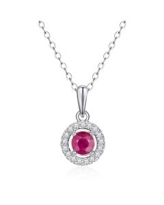 14K White Gold Round Halo Pendant with Ruby and Diamonds