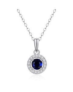 14K White Gold Round Halo Pendant with Sapphire and Diamonds