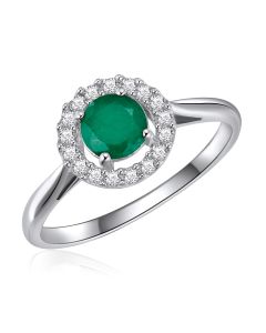 14K White Gold Round Halo Ring with Emerald and Diamonds