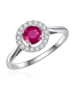 14K White Gold Round Halo Ring with Ruby and Diamonds