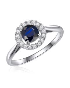 14K White Gold Round Halo Ring with Sapphire and Diamonds