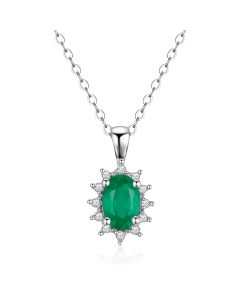 14K White Gold Oval Cluster Pendant with Emerald and Diamonds